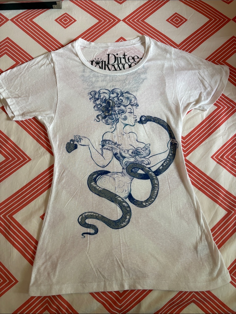 Dirtee Hollywood White Tee with Navy Snake & Woman Illustration